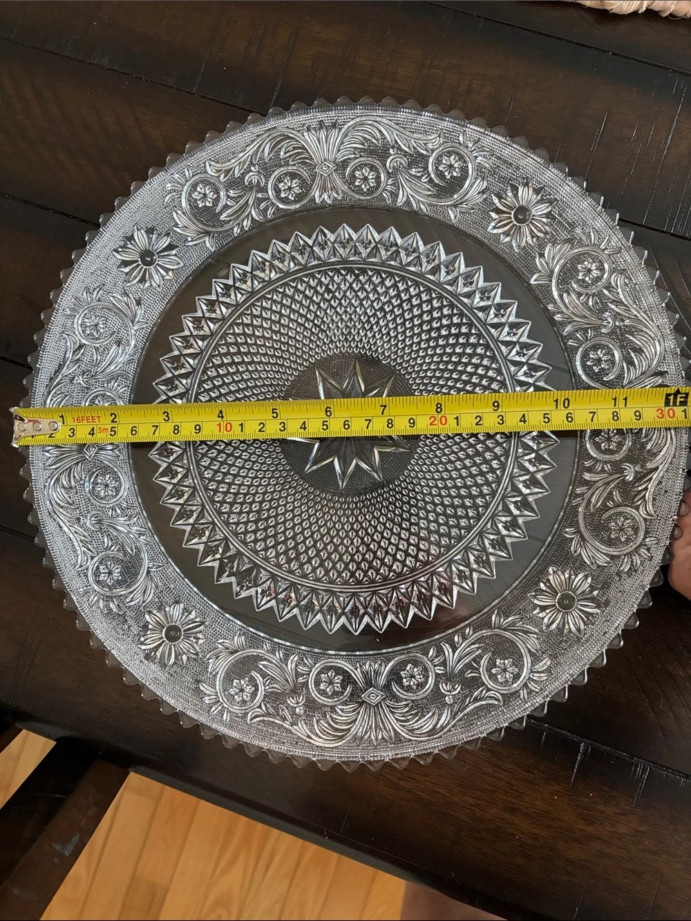 Vintage Pressed Glass Plate with Starburst and Ornate Floral Border